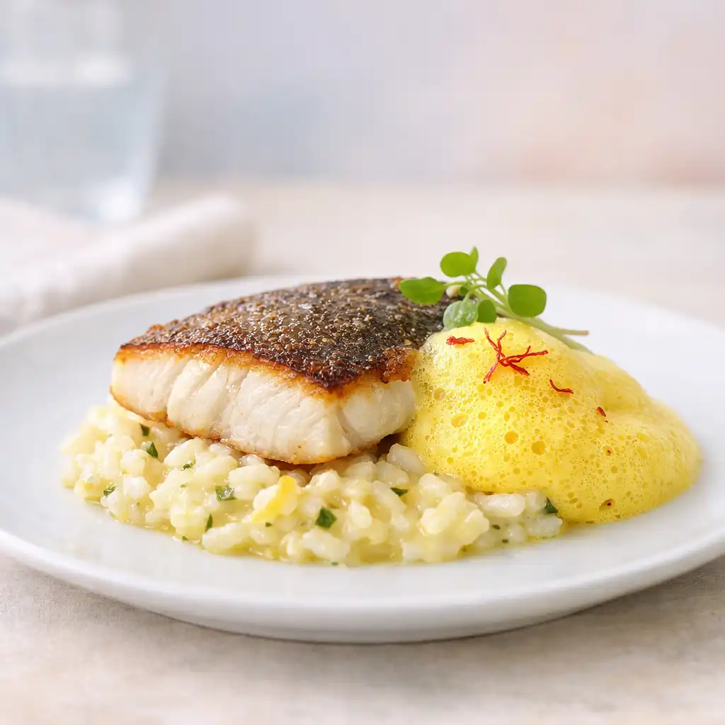 Halibut pieczony na skórze z risotto cytrynowym