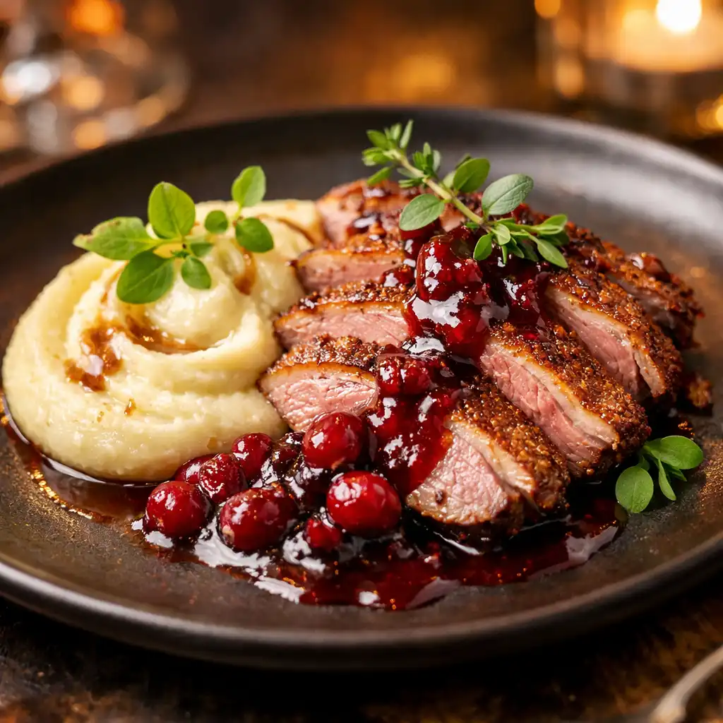 Kaczka z puree z selera i sosem żurawinowym na ciemnym talerzu