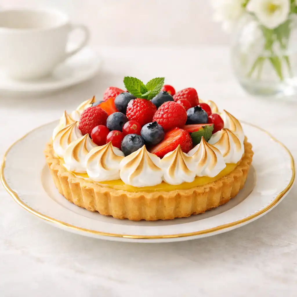 Tarta cytrynowa z bezą włoską i świeżymi owocami