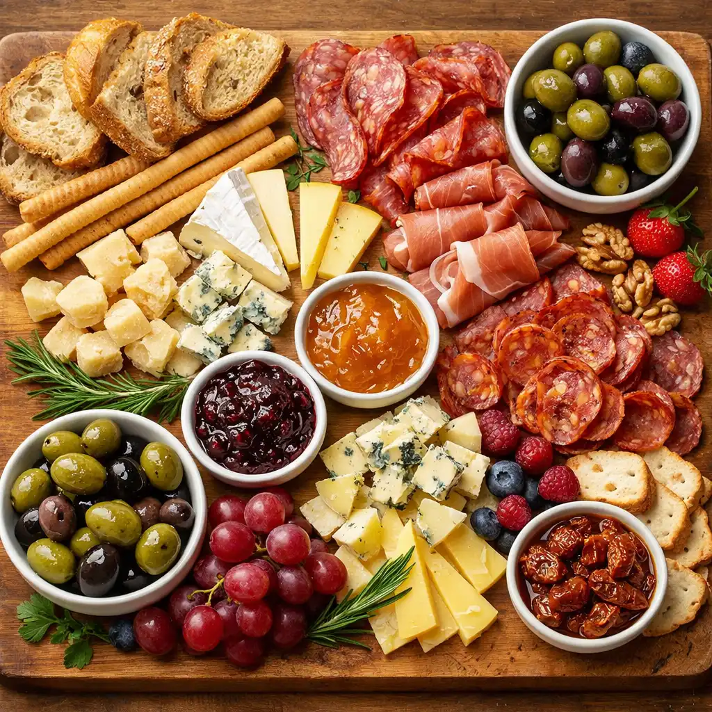 Deska degustacyjna z serami, wędlinami, oliwkami i pieczywem