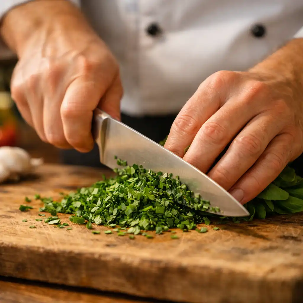 Kucharz kroi świeże zioła na desce w kuchni Dinner Atelier