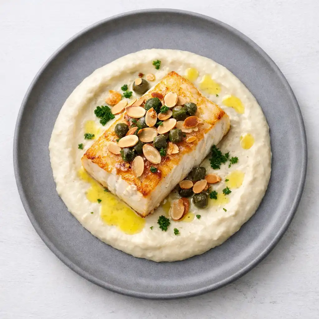 Halibut z kalafiorem i migdałami