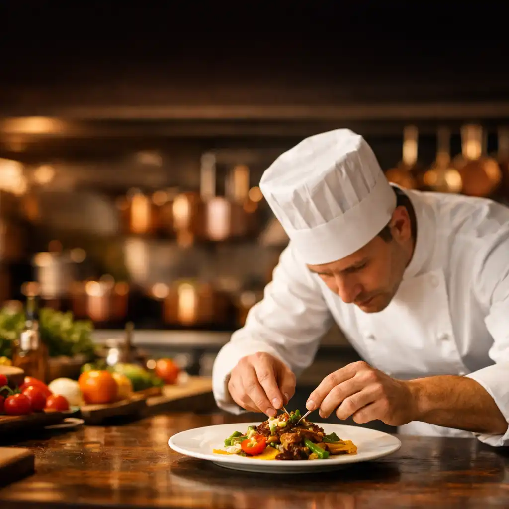 Szef kuchni Dinner Atelier starannie układa autorskie danie na talerzu w ciepłym świetle restauracyjnej kuchni