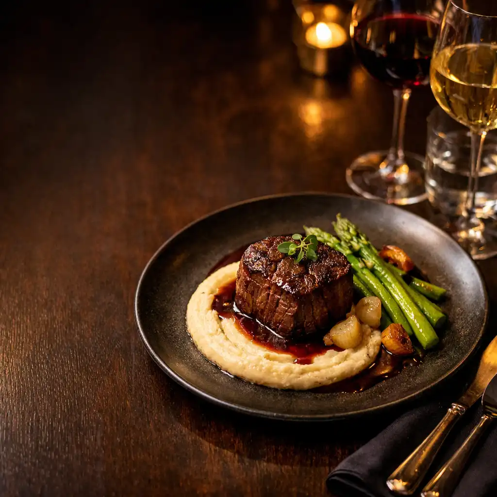 Elegancko podane danie główne na stole w restauracji Dinner Atelier