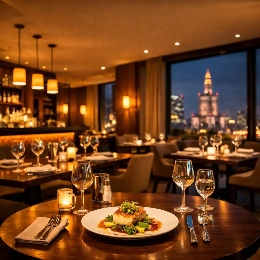 Eleganckie wnętrze restauracji Dinner Atelier z ciepłym oświetleniem i nakrytymi stolikami