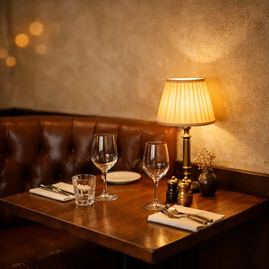Detal wnętrza restauracji ze skórzaną kanapą, drewnianym stolikiem i mosiężną lampą