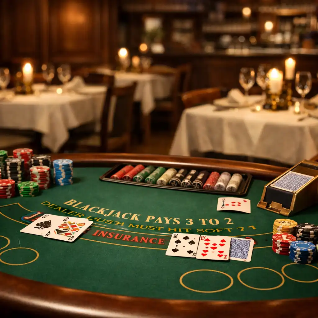 Stół do blackjacka w eleganckim wnętrzu Dinner Atelier z widokiem na restaurację