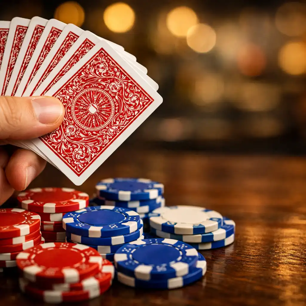 Zbliżenie na karty i żetony pokerowe na ciemnym drewnianym stole