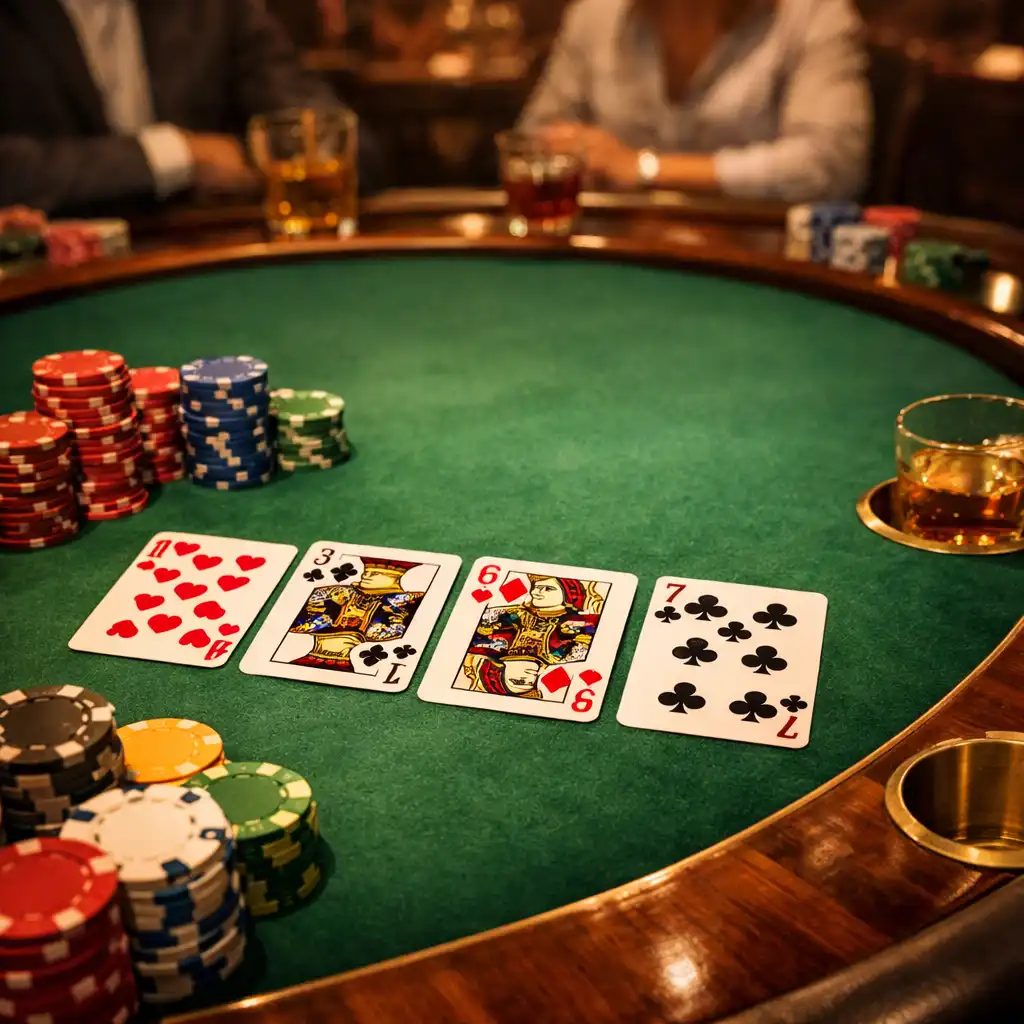 Stół pokerowy z zielonym suknem, kartami i żetonami w restauracji Dinner Atelier