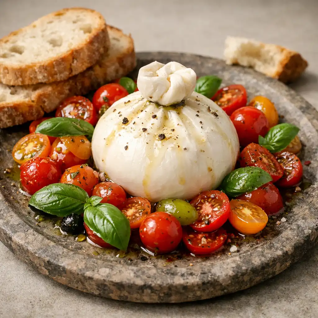 Burrata z pomidorami koktajlowymi i oliwą truflową