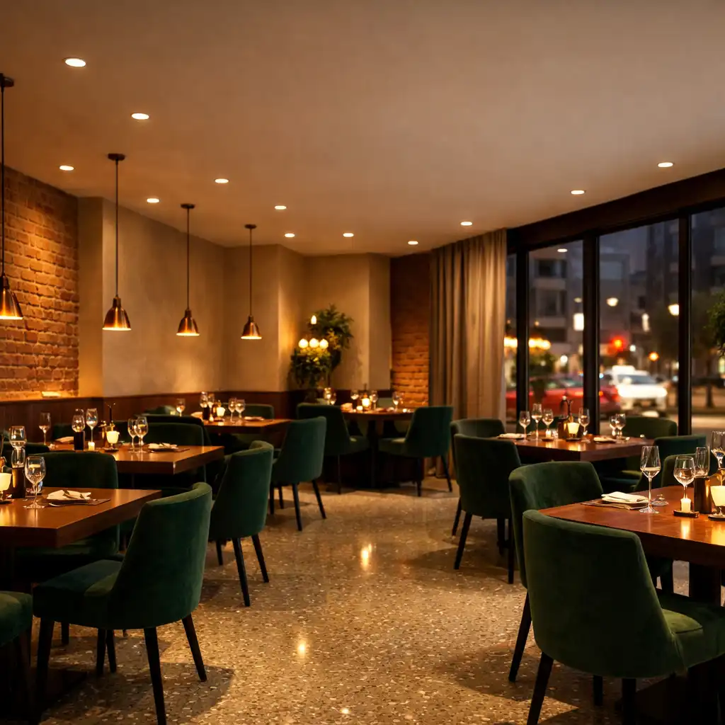Elegancka sala restauracyjna Dinner Atelier z ciepłym oświetleniem punktowym i ciemnymi drewnianymi stołami