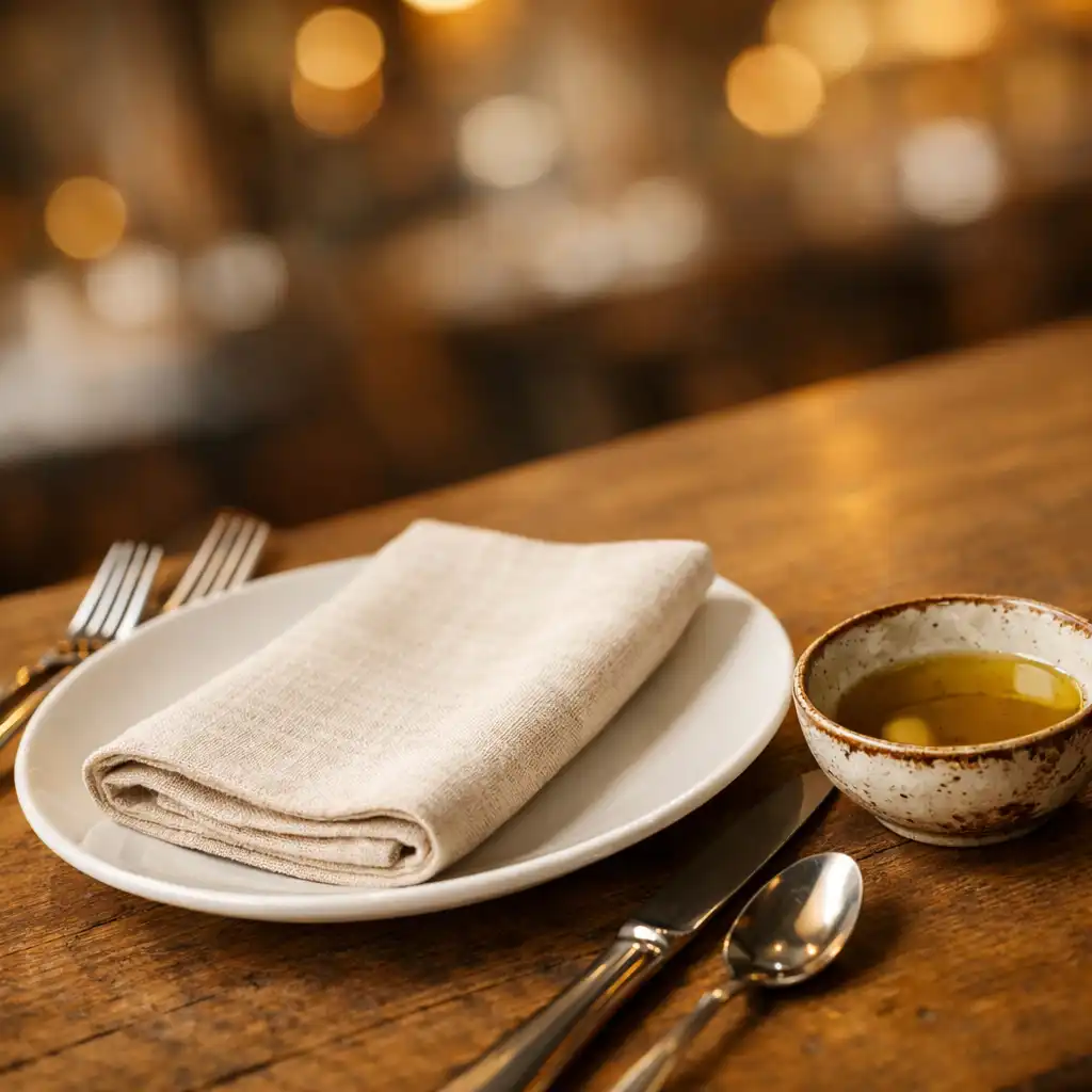 Zbliżenie na stół restauracyjny z białą porcelaną, sztućcami i ceramiczną miską z oliwą