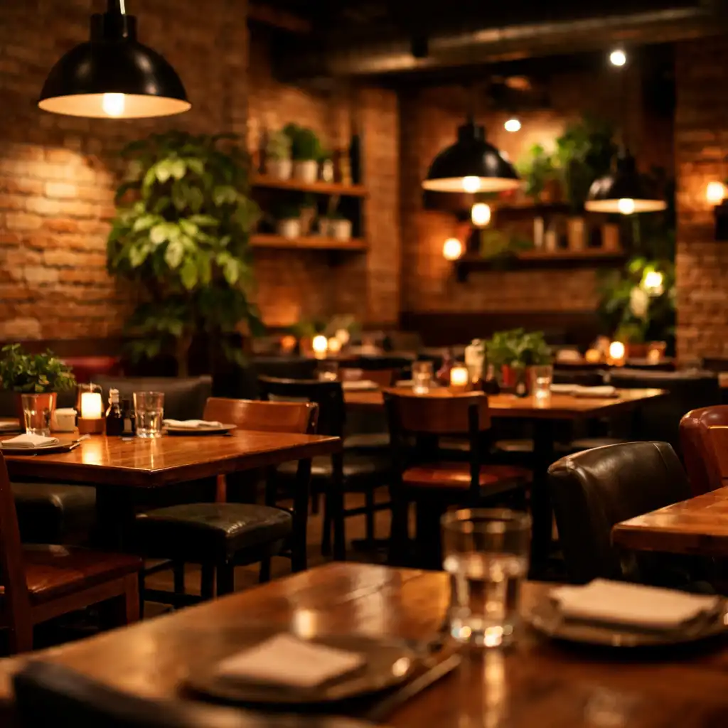 Wnętrze restauracji Dinner Atelier z ceglanymi ścianami, drewnianymi stołami i ciepłym oświetleniem