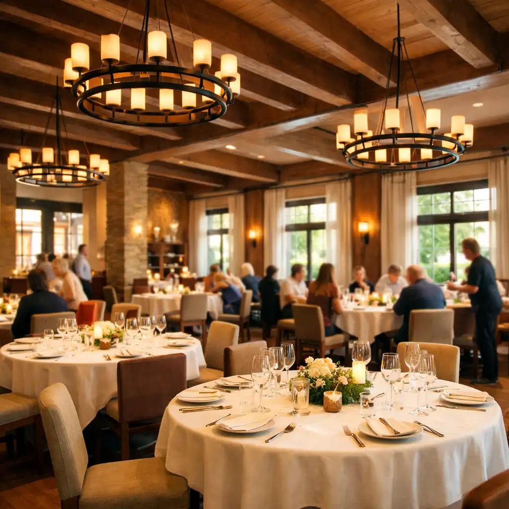Szerokie ujęcie głównej sali restauracyjnej z okrągłymi stołami, belkami i nowoczesnymi lampami