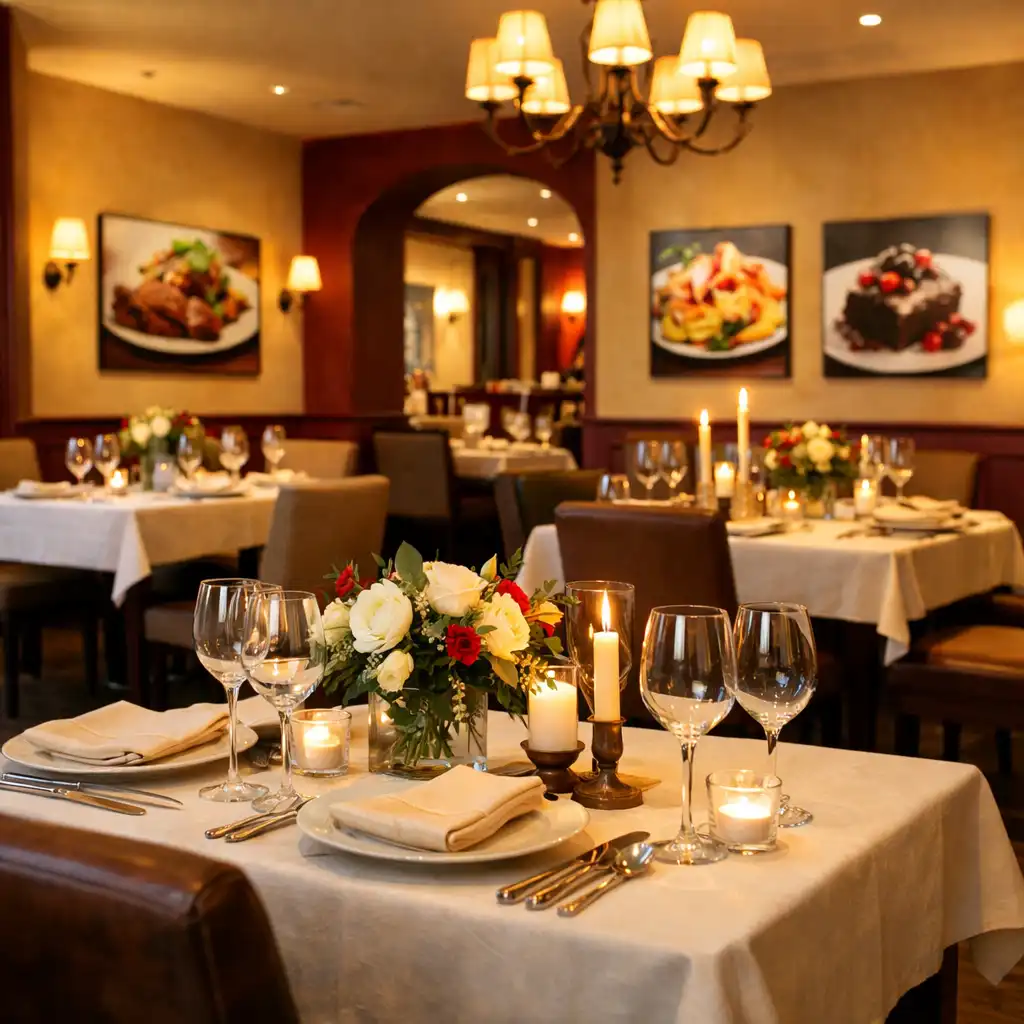 Główna sala restauracyjna Dinner Atelier z eleganckimi stołami i ciepłym oświetleniem
